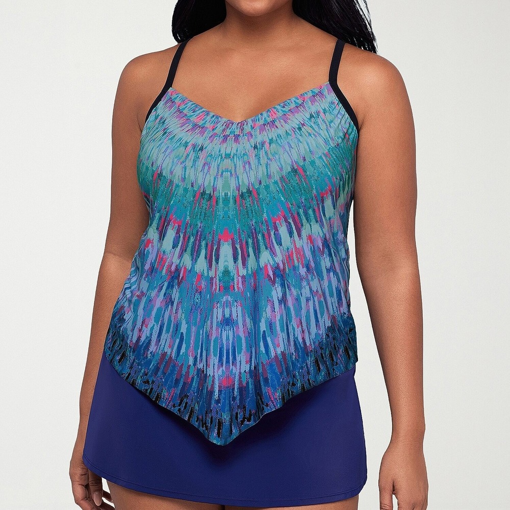 MSRP $64 Trimshaper Women's 14 Blue Multi Tie Dye Tankini Swimsuit Top